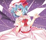  1girl ascot ashu bat_wings blue_hair bow brooch grin hat hat_bow jewelry raised_eyebrow red_eyes remilia_scarlet smile solo teeth touhou wings 