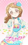  1girl aikatsu! brown_eyes brown_hair cosplay finger_to_cheek flower futatsuiwa_mamizou futatsuiwa_mamizou_(human) glasses hair_flower hair_ornament hand_on_hip highres parody sash shirane_koitsu solo style_parody touhou 