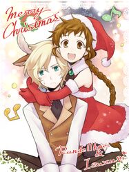  1boy 1girl :d aino_yumeri antlers blonde_hair braid brown_eyes brown_hair christmas elbow_gloves freckles gloves green_eyes hat hug hug_from_behind isuzu_(log_horizon) log_horizon long_hair lunderhaus_cord open_mouth reindeer_antlers reindeer_ears santa_costume santa_hat short_hair smile 