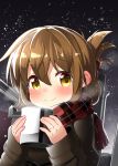  1girl bell_(oppore_coppore) blush brown_hair bust cannon coffee_mug hair_up inazuma_(kantai_collection) jacket jewelry kantai_collection long_sleeves looking_at_viewer ring scarf smile snowing solo wedding_band yellow_eyes 