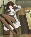  1girl absurdres blue_eyes brown_hair coffee couch cup hands highres labcoat legs legwear_under_shorts long_hair lying makise_kurisu mocha morning mug no_shoes on_back pantyhose pillow pillow_hug resized revision ringed_eyes shorts sleepy solo steins;gate wince 