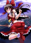  1girl ascot ass bare_shoulders black_hair blush bow breasts butt_crack detached_sleeves gohei hair_bow hair_tubes hakurei_reimu highres large_breasts lilish long_hair looking_at_viewer lowleg_skirt mary_janes payot red_eyes shoes sideboob solo touhou 