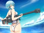  1girl adapted_costume anti-materiel_rifle ass blue_eyes blue_hair chiyo_goya from_behind gun highres one-piece_swimsuit rifle shinon_(sao) short_hair sniper_rifle swimsuit sword_art_online weapon 