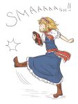  1girl alice_margatroid angry blonde_hair book boots capelet chii-kun_(seedyoulater) clenched_teeth dress hairband kicking ribbon short_hair solo touhou 