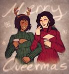  2girls alternate_hair_length alternate_hairstyle asami_sato avatar:_the_last_airbender black_hair breasts brown_hair christmas cleavage cleavage_cutout commentary cup dark_skin eyeshadow fake_antlers iahfy korra laughing legend_of_korra lipstick locked_arms long_hair low_ponytail makeup merry_christmas multiple_girls open-chest_sweater ribbed_sweater short_hair sweater turtleneck 
