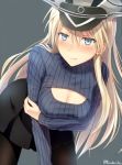  1girl bismarck_(kantai_collection) black_legwear blonde_hair blue_eyes blush breasts cleavage cleavage_cutout hat kanden_suki kantai_collection large_breasts leaning_forward long_hair looking_at_viewer military_hat open-chest_sweater pantyhose peaked_cap ribbed_sweater simple_background skirt smile solo sweat sweater turtleneck turtleneck_sweater 