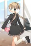 1girl :d bag blurry blush brown_hair depth_of_field earmuffs from_behind green_eyes handbag leg_up long_hair looking_at_viewer looking_back low_twintails open_mouth original shima_(shima_je) skirt smile solo twintails 