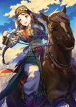  1girl amira blush braid brown_eyes brown_hair headdress horse horseback_riding jewelry long_hair open_mouth otoyomegatari riding salt_(salty) smile solo twin_braids very_long_hair 