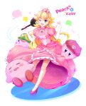  1boy 1girl :&lt; ;d artist_request blonde_hair blue_eyes blush breasts character_name crown dress earrings elbow_gloves fang frying_pan gloves hat high_heels jewelry kamecube kirby kirby_(series) large_breasts long_hair multiple_persona nintendo one_eye_closed open_mouth princess_peach puffy_sleeves sleeping smile super_mario_bros. super_smash_bros. triangle_mouth weapon white_gloves 