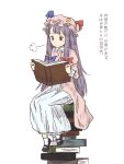  1girl book book_stack bow chii-kun_(seedyoulater) crescent hair_bow hat long_hair patchouli_knowledge purple_hair ribbon solo touhou translated 
