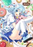  1girl animal_ears blue_eyes blue_hair blush cat_ears cat_tail doughnut fang food food_on_face hair_ornament hairclip long_hair looking_at_viewer mitsuki open_mouth original panties skirt smile solo stuffed_animal stuffed_bunny stuffed_toy tail thigh-highs underwear white_legwear wings 