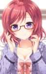  1girl bespectacled bow breasts cleavage collarbone glasses lace_trim looking_at_viewer love_live!_school_idol_project nishikino_maki polka_dot redhead sakurai_makoto_(custom_size) smile solo violet_eyes 