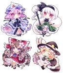  4girls apron ascot black_dress blonde_hair bloomers blue_dress bow braid broom broom_riding brown_hair butterfly chibi detached_sleeves dress fan flower folding_fan gohei grin hair_bow hair_flower hair_ornament hair_ribbon hair_tubes hakurei_reimu hat hat_bow highres katana kirisame_marisa konpaku_youmu konpaku_youmu_(ghost) long_sleeves mikazuki_sara mob_cap multiple_girls one_eye_closed open_mouth pink_eyes pink_hair puffy_short_sleeves puffy_sleeves ribbon saigyouji_yuyuko sash shirt short_sleeves silver_hair single_braid skirt skirt_set smile spell_card star sword touhou triangular_headpiece underwear upskirt vest waist_apron weapon wide_sleeves witch_hat yellow_eyes 