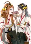  2girls ahoge bare_shoulders black_hair blue_eyes brown_hair cake camel000 cover cover_page cup detached_sleeves feeding food fork hair_ornament hairclip haruna_(kantai_collection) headgear japanese_clothes kantai_collection kongou_(kantai_collection) long_hair long_sleeves looking_at_another multiple_girls nontraditional_miko open_mouth red_eyes ribbon-trimmed_sleeves ribbon_trim teacup thigh-highs 