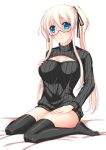  1girl blue_eyes blush breasts cleavage cleavage_cutout glasses highres long_hair mabinogi nao open-chest_sweater ribbed_sweater smile solo sweater thigh-highs turtleneck twintails umitsubame white_hair 