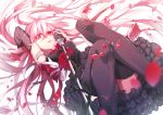  1girl bare_shoulders black_legwear breasts detached_sleeves guilty_crown hair_ornament hairclip long_hair looking_at_viewer microphone microphone_stand open_mouth pink_hair rakugakiii red_eyes solo thigh-highs twintails vintage_microphone yuzuriha_inori 