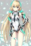 1girl angela_balzac blonde_hair blue_eyes bodysuit breasts covered_navel cowboy_shot elbow_gloves expelled_from_paradise gen_withillust gloves hand_on_hip headgear highres leotard looking_at_viewer low_twintails solo thigh_strap twintails 