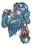  1girl blue_hair breasts bust fingerless_gloves gloves goggles goggles_on_head highres large_breasts long_hair nameo_(judgemasterkou) personification pokemon red_eyes seismitoad solo 