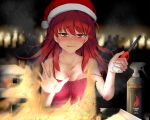  :p bare_shoulders blush breasts candle candlelight christmas cleavage commentary_request erikku_(kata235) fire hat lighter original redhead santa_hat strap_slip tongue tongue_out 
