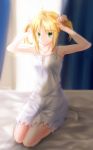  1girl absurdres ahoge aiovia blonde_hair blurry chemise depth_of_field dress fate/stay_night fate_(series) green_eyes highres kneeling payot saber short_twintails solo twintails 