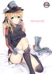  1girl anchor_hair_ornament black_legwear black_panties blonde_hair breasts cover cover_page doujin_cover dressing gloves green_eyes hat kaguyuzu kantai_collection knee_up large_breasts long_hair looking_at_viewer low_twintails panties peaked_cap prinz_eugen_(kantai_collection) shoes_removed side-tie_panties sitting solo thigh-highs twintails underwear white_gloves 