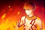  1boy blonde_hair earrings fate/stay_night fate_(series) fire gilgamesh jewelry necklace red_eyes shirtless solo stranded18 tattoo 