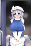  1girl blue_eyes blush breasts large_breasts lavender_hair letty_whiterock looking_at_viewer open_mouth short_hair solo touhou toumeikousokudouro v_arms 