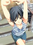  black_hair breasts brown_eyes denim denim_shorts door kimi_no_iru_machi mishima_asuka official_art seo_kouji short_hair shorts solo stairs stretch striped_tank_top tight_shirt wavy_hair 