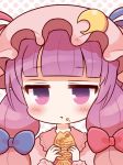  1girl blush bow crescent_hair_ornament eating food hair_bow hair_ornament hat jitome long_hair marshmallow_mille patchouli_knowledge purple_hair solo taiyaki touhou violet_eyes wagashi 