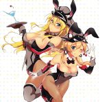  2girls alternate_costume animal_ears bare_shoulders bismarck_(kantai_collection) black_gloves blonde_hair blue_eyes blush boots bowtie breasts bunny_girl bunny_tail bunnysuit cherry cleavage cocktail_glass detached_collar detached_sleeves fishnet_pantyhose fishnets food fruit gloves green_eyes hat kantai_collection large_breasts long_hair looking_at_viewer multiple_girls one_eye_closed pantyhose pochi_(pochi-goya) prinz_eugen_(kantai_collection) rabbit_ears tail thigh-highs thighhighs_over_pantyhose tray twintails white_gloves wrist_cuffs 