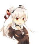  1girl abogado amatsukaze_(kantai_collection) brown_shirt bust fang hair_tubes hairband kantai_collection long_hair open_mouth red_eyes sailor_collar see-through shirt silver_hair simple_background small_breasts smile solo taut_clothes taut_shirt two_side_up white_background 
