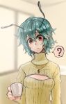  1girl ? antennae bifrst coffee_mug green_hair jewelry necklace open-chest_sweater red_eyes short_hair sketch solo spoken_question_mark sweater touhou wriggle_nightbug 