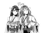  2girls ahoge bare_shoulders cake camel000 cup detached_sleeves food fork haruna_(kantai_collection) headgear japanese_clothes kantai_collection kongou_(kantai_collection) long_hair monochrome multiple_girls nontraditional_miko smile teacup 