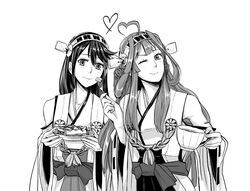  2girls ahoge bare_shoulders cake camel000 cup detached_sleeves food fork haruna_(kantai_collection) headgear japanese_clothes kantai_collection kongou_(kantai_collection) long_hair monochrome multiple_girls nontraditional_miko smile teacup 