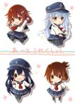  4girls :d ;d akatsuki_(kantai_collection) anchor_symbol arm_up black_hair black_legwear blue_eyes blue_hair blush brown_eyes brown_hair chibi fang folded_ponytail hat hibiki_(kantai_collection) ikazuchi_(kantai_collection) inazuma_(kantai_collection) kantai_collection long_hair multiple_girls one_eye_closed open_mouth pantyhose school_uniform serafuku serino_itsuki skirt smile translated v 