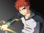  1boy anime_coloring brown_eyes emiya_shirou fate/stay_night fate_(series) glowing glowing_weapon redhead solo track_jacket tukno weapon 