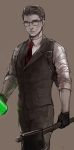  1boy axe glasses jar joseph_oda mugikoma necktie solo spot_color the_evil_within vest waistcoat weapon 