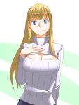  1girl blonde_hair blue_eyes blush breasts cleavage cleavage_cutout hand_on_own_chest karintou18 long_hair looking_at_viewer open-chest_sweater original ribbed_sweater smile solo sweater turtleneck turtleneck_sweater 