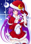  1girl bag breasts capelet cleavage crescent crescent_moon eichi_yuu gloves hat highres large_breasts long_hair long_sleeves moon patchouli_knowledge purple_hair red_gloves red_legwear santa_costume santa_hat scrunchie solo thigh-highs touhou very_long_hair violet_eyes wide_sleeves window zettai_ryouiki 