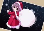  1girl brown_eyes gloves grey_hair hat nagato_yuki nanabuluku photo_(object) sack santa_costume santa_hat short_hair snow suzumiya_haruhi_no_yuuutsu 