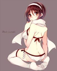  1girl ass back blush brown_hair hairband kantai_collection looking_at_viewer looking_back motyo1964 natori_(kantai_collection) orange_eyes scarf short_hair swimsuit thigh-highs 