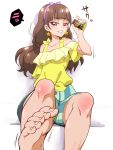  1girl amanogawa_kirara barefoot brown_hair clenched_teeth earrings feet food go!_princess_precure hairband jewelry precure shorts sitting solo star star_earrings tj-type1 twintails violet_eyes 