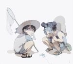  1boy 1girl black_hair blue_hair bug_net child double_bun giorno_giovanna grey_eyes hair_ornament hairclip hat jojo_no_kimyou_na_bouken kinouka kuujou_jolyne multicolored_hair net sandals shorts sun_hat two-tone_hair younger 