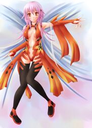  1girl bare_shoulders black_legwear breasts center_opening cleavage detached_sleeves elbow_gloves fingerless_gloves gloves guilty_crown hair_ornament hairclip highres long_hair looking_at_viewer navel pink_hair red_eyes solo thigh-highs twintails yuzuriha_inori 