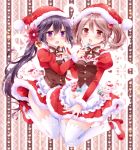  2girls akebono_(kantai_collection) alternate_costume apron bell blush bowtie christmas dress enmaided feeding flower frilled_apron fur_trim hair_bell hair_bobbles hair_flower hair_ornament hat kantai_collection long_hair long_sleeves looking_at_viewer maid multiple_girls nogi_takayoshi pink_eyes pink_hair puffy_long_sleeves puffy_sleeves purple_hair rabbit red_dress red_shoes santa_costume santa_hat sazanami_(kantai_collection) shoes side_ponytail thigh-highs twintails violet_eyes white_legwear zettai_ryouiki 