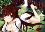  1girl animal_ears breasts brown_eyes brown_hair cleavage highres long_hair looking_at_viewer lying on_stomach original otono_fei smile solo tail 