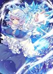  1girl apron blue_eyes breasts commentary dress ice iroyopon juliet_sleeves large_breasts letty_whiterock long_sleeves mob_cap open_mouth puffy_sleeves purple_dress purple_hair shirt solo touhou waist_apron 
