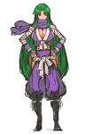  1girl alternate_costume baggy_pants bandages breasts cleavage covered_mouth ganbare_goemon greaves green_eyes green_hair hands_on_hips highres japanese_clothes large_breasts long_hair nameo_(judgemasterkou) ninja pants scarf sideboob solo very_long_hair yae_(ganbare_goemon) 