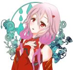  1girl bare_shoulders black_legwear breasts center_opening cleavage detached_sleeves elbow_gloves fingerless_gloves gloves guilty_crown hair_ornament hairclip hand_on_own_chest long_hair looking_at_viewer open_mouth pink_hair red_eyes solo twintails yuzuriha_inori 