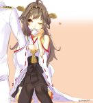 1girl 4th admiral_(kantai_collection) arm_hug brown_eyes brown_hair cup hairband highres japanese_clothes kantai_collection kongou_(kantai_collection) long_hair nontraditional_miko one_eye_closed ribbon-trimmed_sleeves ribbon_trim smile teacup thigh-highs twitter_username uniform 